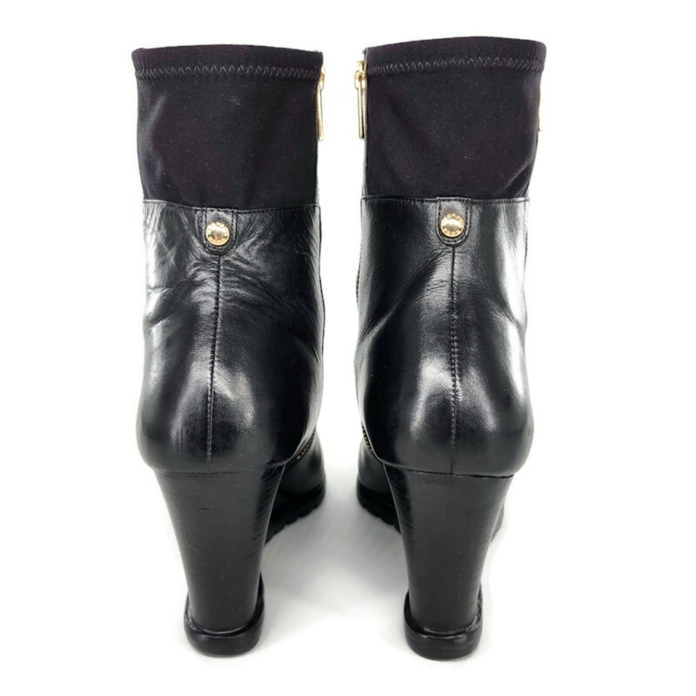 Michael Kors Aileen Black Leather Dual Gold Zip Wedge Heel Lug-Sole Ankle Boots - Picture 4 of 12